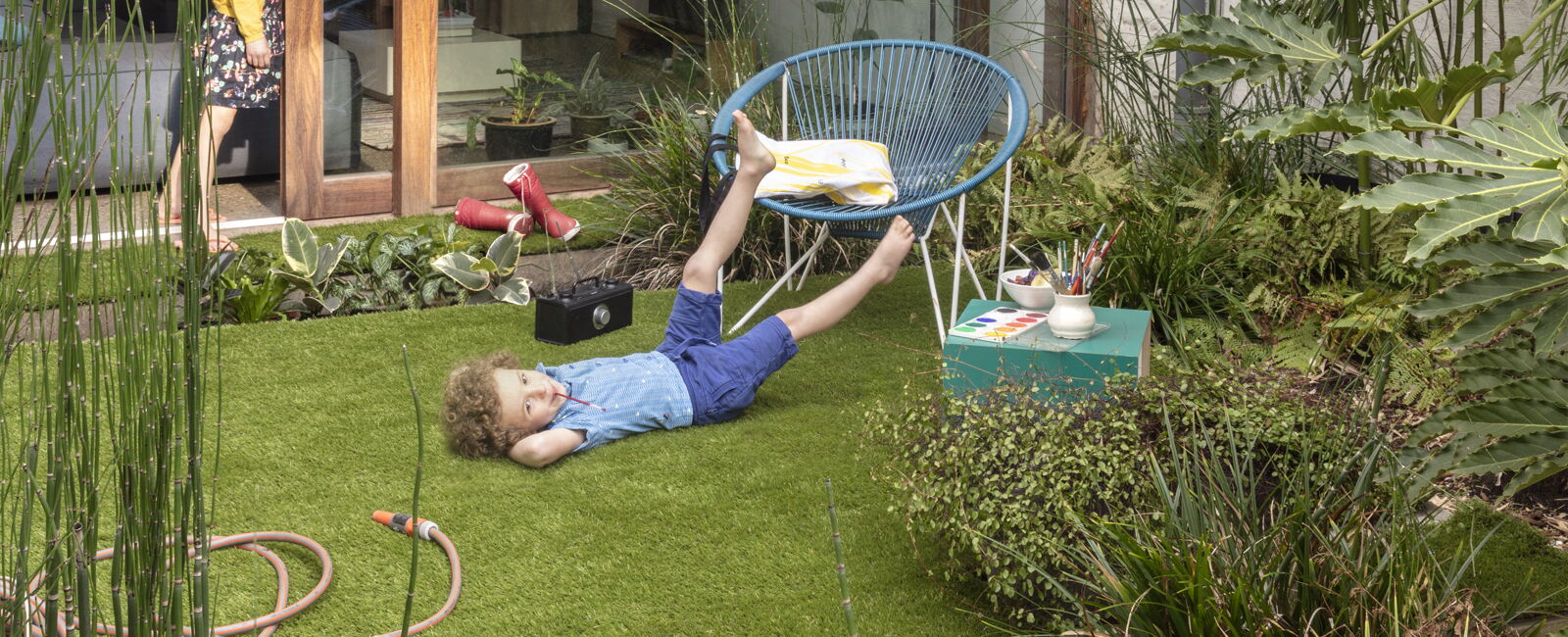 Kids on grass in garden