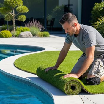 Instalador oficial mostrando cómo colocar y recortar el césped artificial alrededor de la piscina.