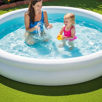 Madre e hija disfrutan en una piscina hinchable sobre césped artificial