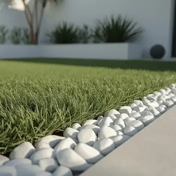 Lush green lawn with a border of white decorative pebbles next to a light grey paved path, leading to a modern building.