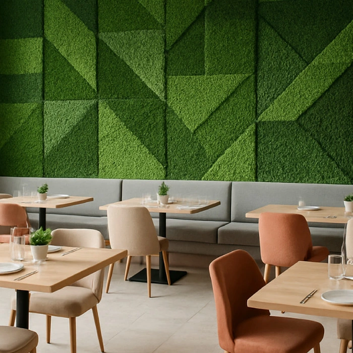 Imagen de una cafetería que representa cómo hacer un jardín vertical artificial de la mano de Turfgrass.