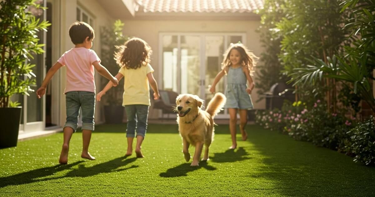 Familia de niños juegan en su patio interior junto a su mascota.