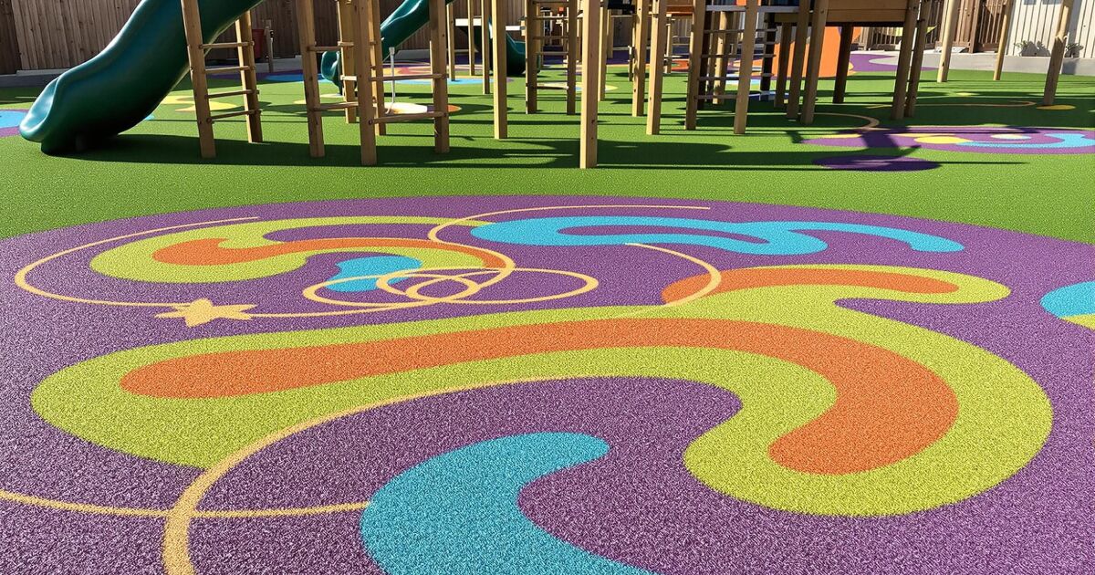 Imagen en la que se ve un ejemplo de un diseño a la hora de instalar césped artificial en zonas infantiles