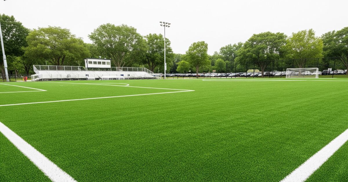 Imagen en la que se ve un campo de fútbol de un pueblo o una ciudad donde nos encontramos con otro ejemplo de utilizar césped artificial en zonas públicas.