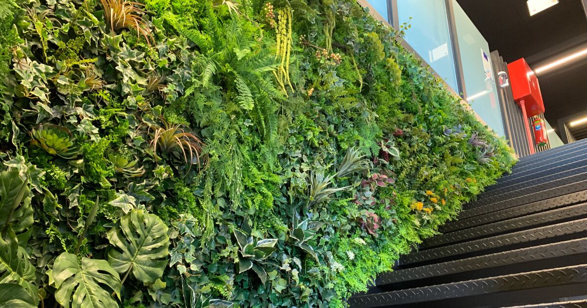 Imagen de un jardín vertical artificial en pared de escalera.
