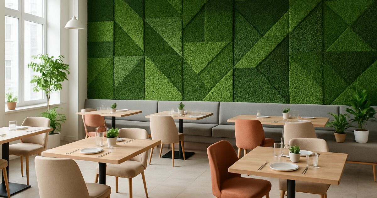 Imagen de una cafetería que representa cómo hacer un jardín vertical artificial de la mano de Turfgrass.