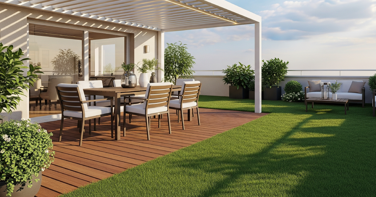 Ático en el que se observa una terraza con césped artificial y madera.
