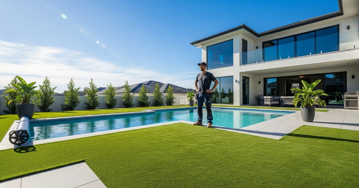Caso de éxito Turfgrass al instalar y colocar césped artificial alrededor de la piscina.