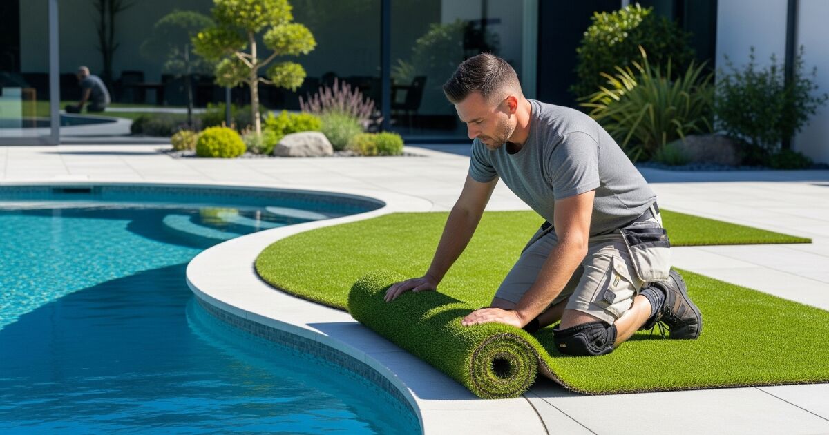 Instalador oficial mostrando cómo colocar y recortar el césped artificial alrededor de la piscina.
