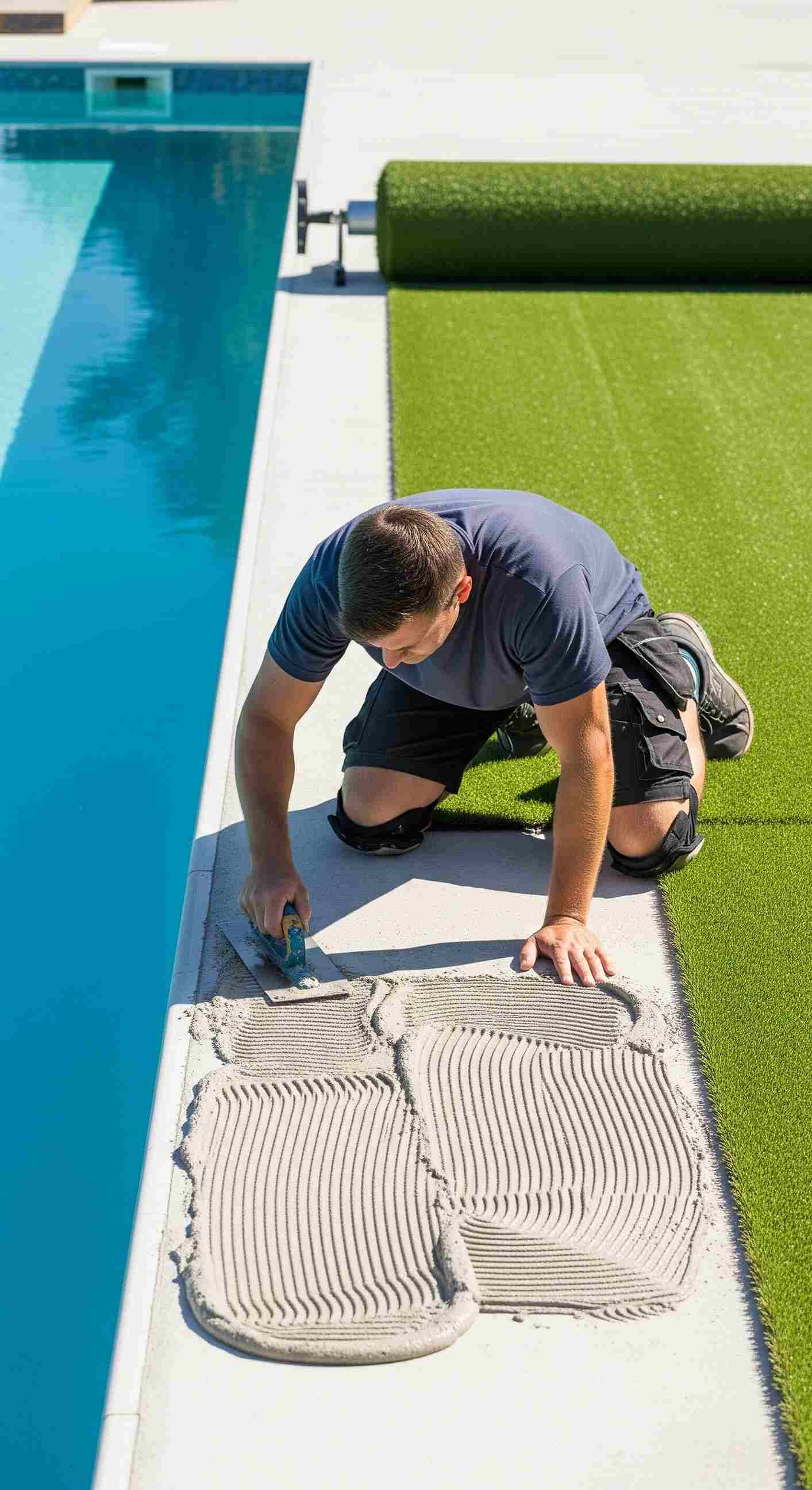 Instalador oficial de Turfgrass mostrando como adherir el césped sintético a los alrededores de la piscina.