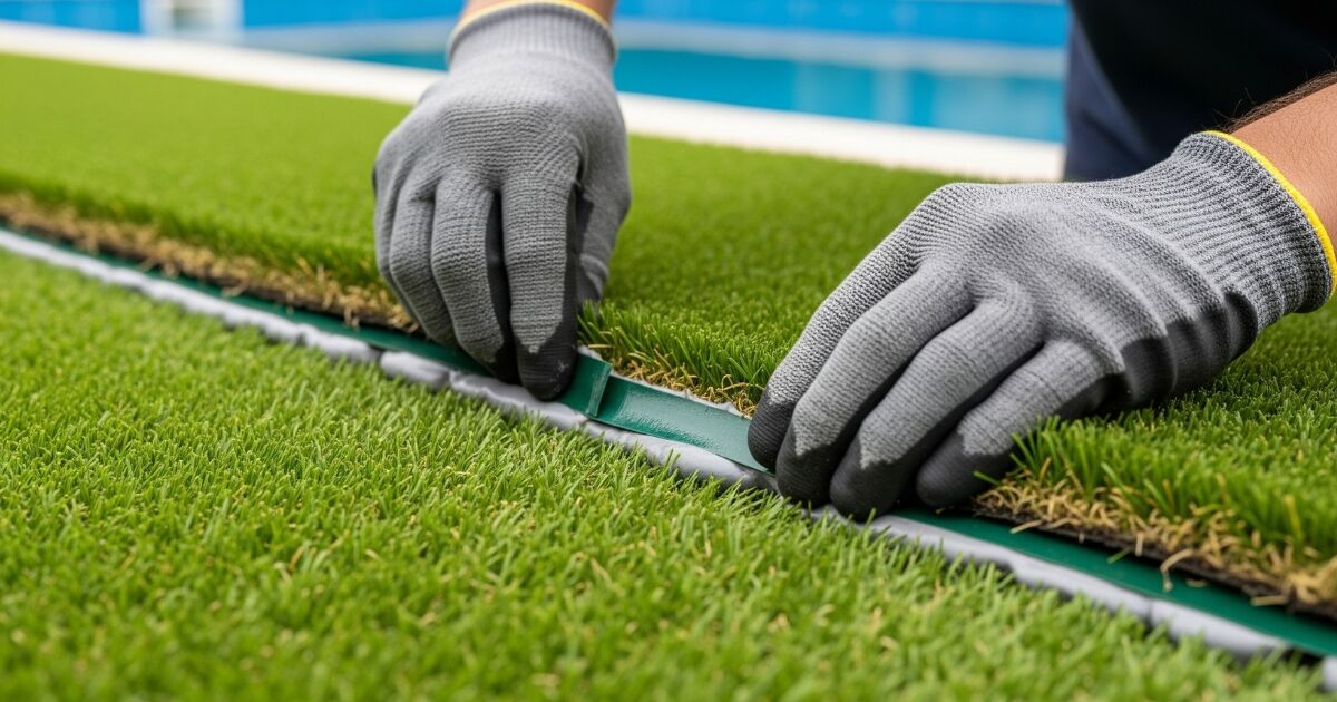 Proceso de sellación para mostrar cómo colocar césped artificial alrededor de la piscina.