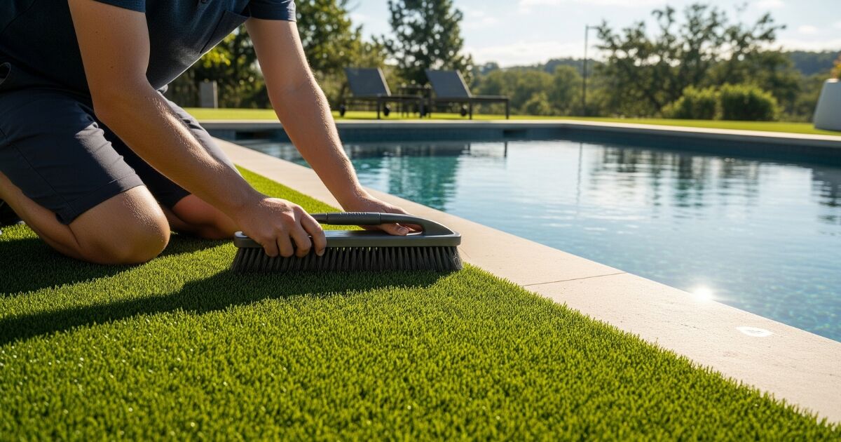 Cepillado del césped artificial junto a la piscina para favorecer su mantenimiento.