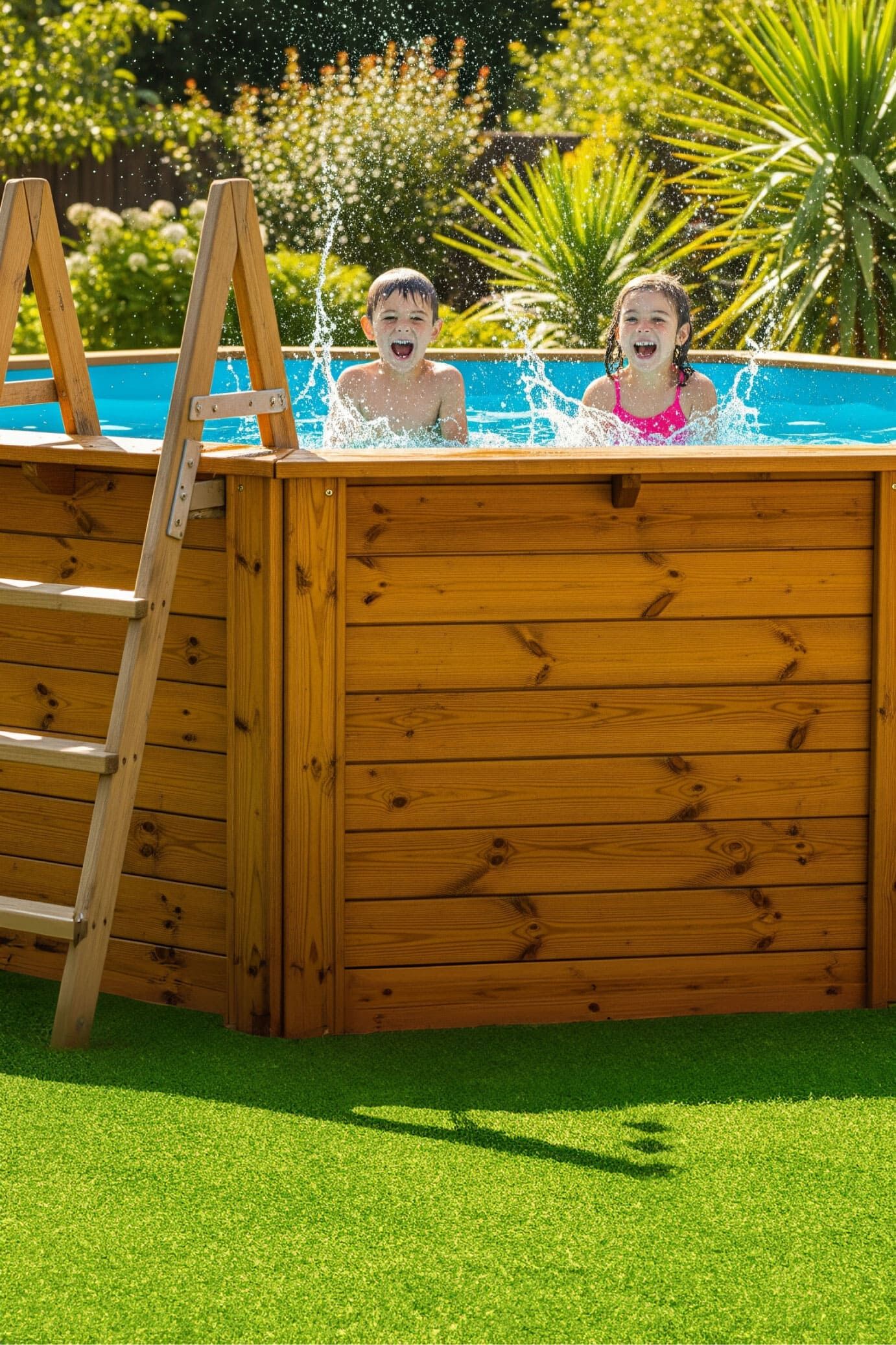 Dos niños disfrutando en piscina desmontable sobre césped artificial.