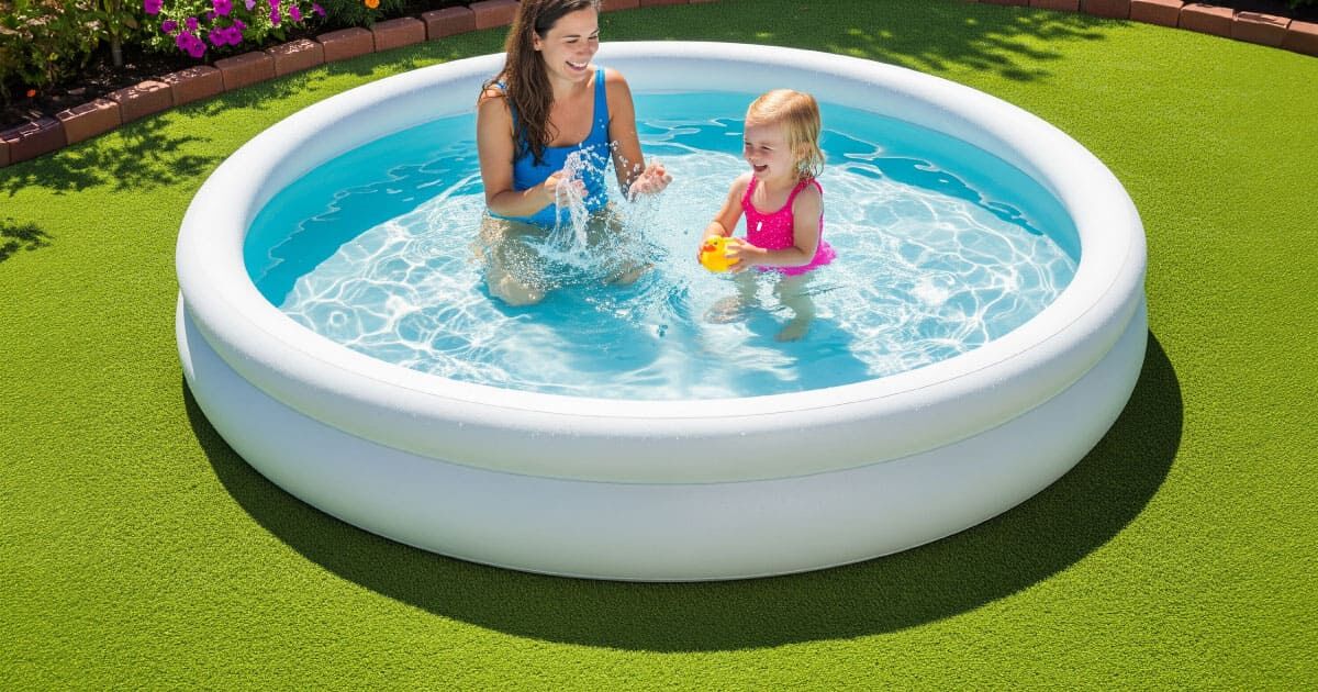 Madre e hija disfrutan en una piscina hinchable sobre césped artificial