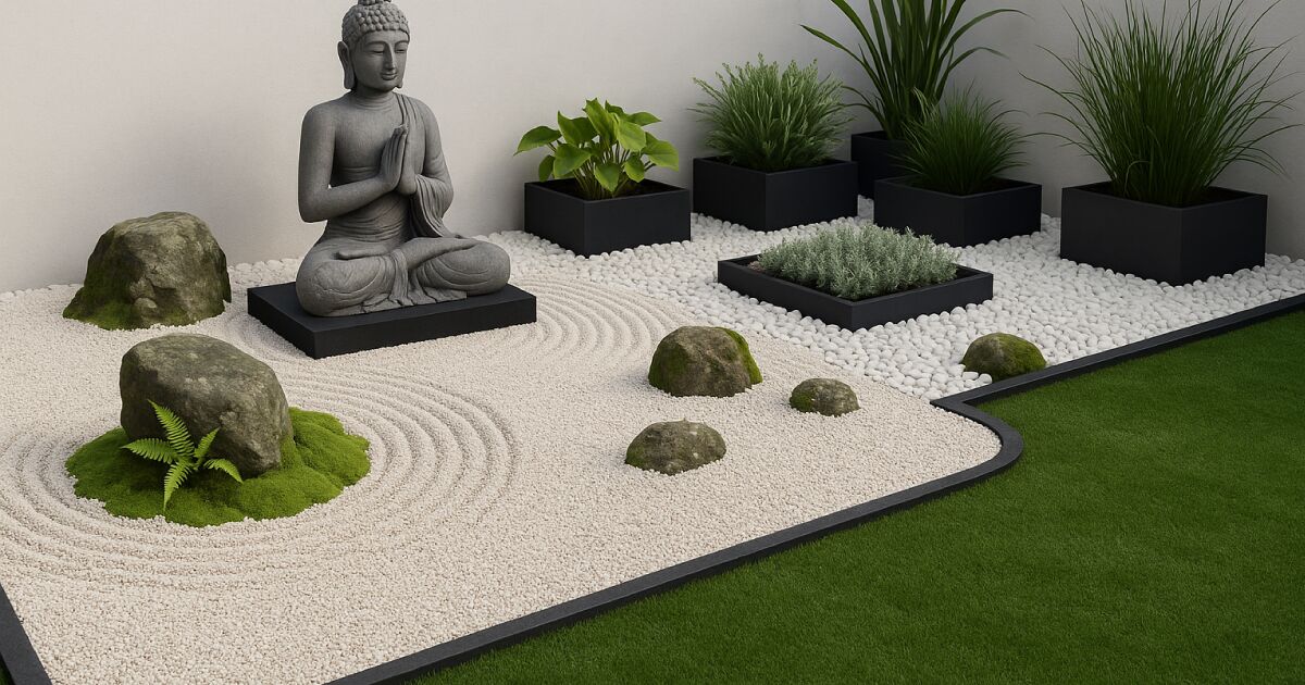 Jardin zen con césped artificial.