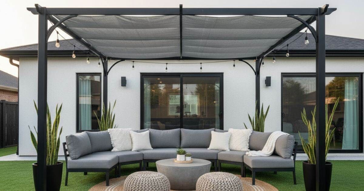 Zona chill out con pérgola como ideas de jardín con césped artificial