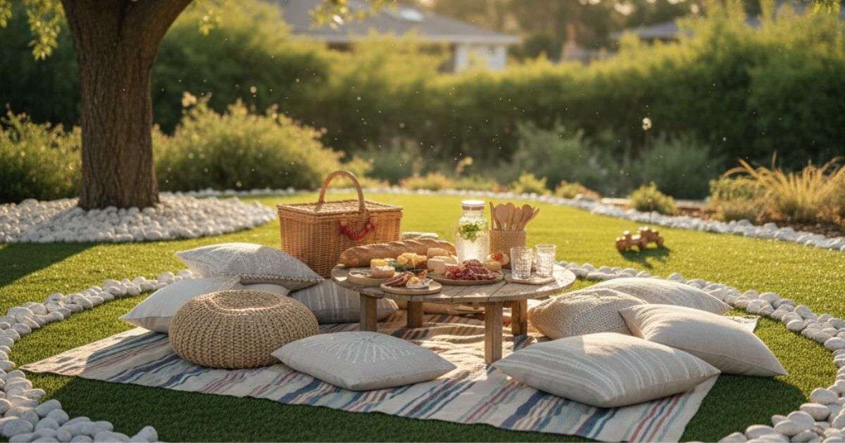 Zona de picnic con césped artificial en el jardín.