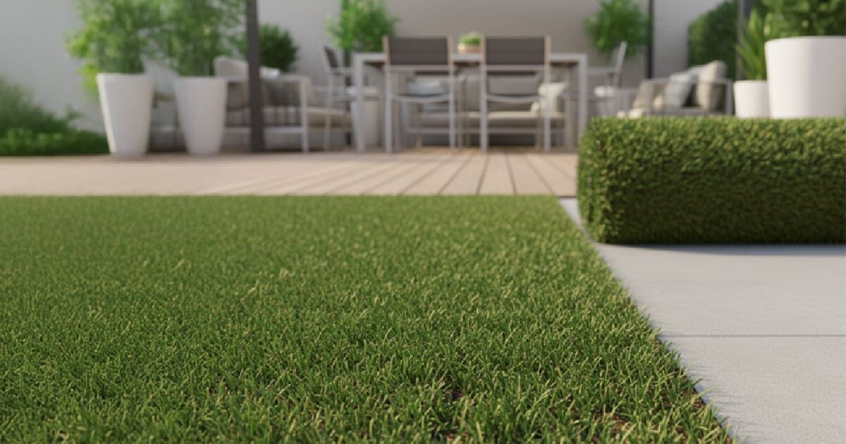 Schrittweise Verlegung von Kunstrasen auf Terrassen durch Turfgrass.