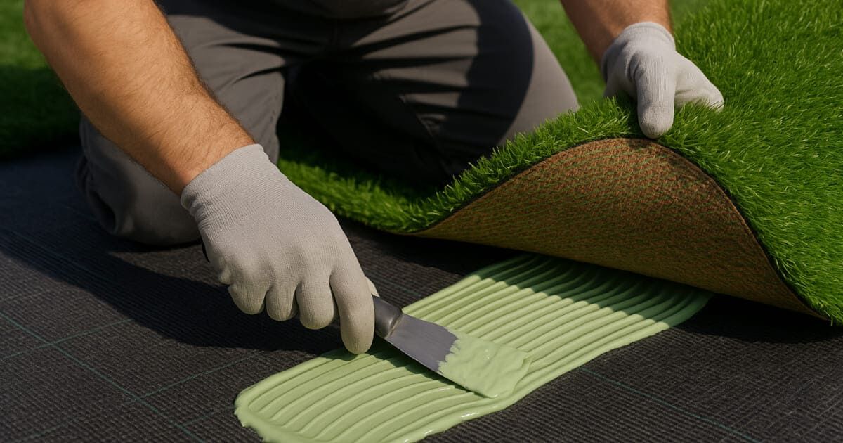 Verlegung von Kunstrasen auf einer Terrasse: Auftragen eines Zweikomponenten-Klebstoffs.