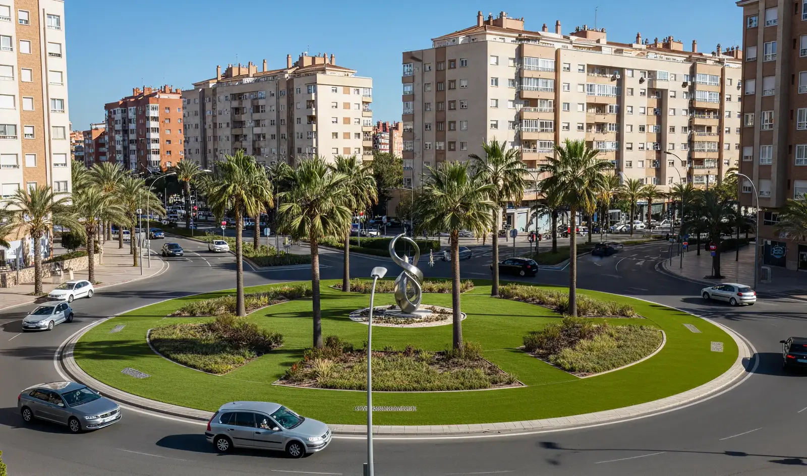 Use of artificial turf at a traffic circle in a large city.