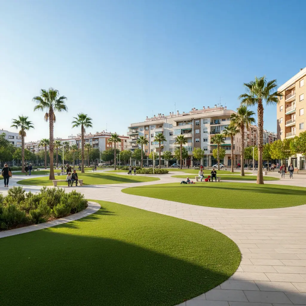 Greenway with artificial turf installed in urban areas by a city council.