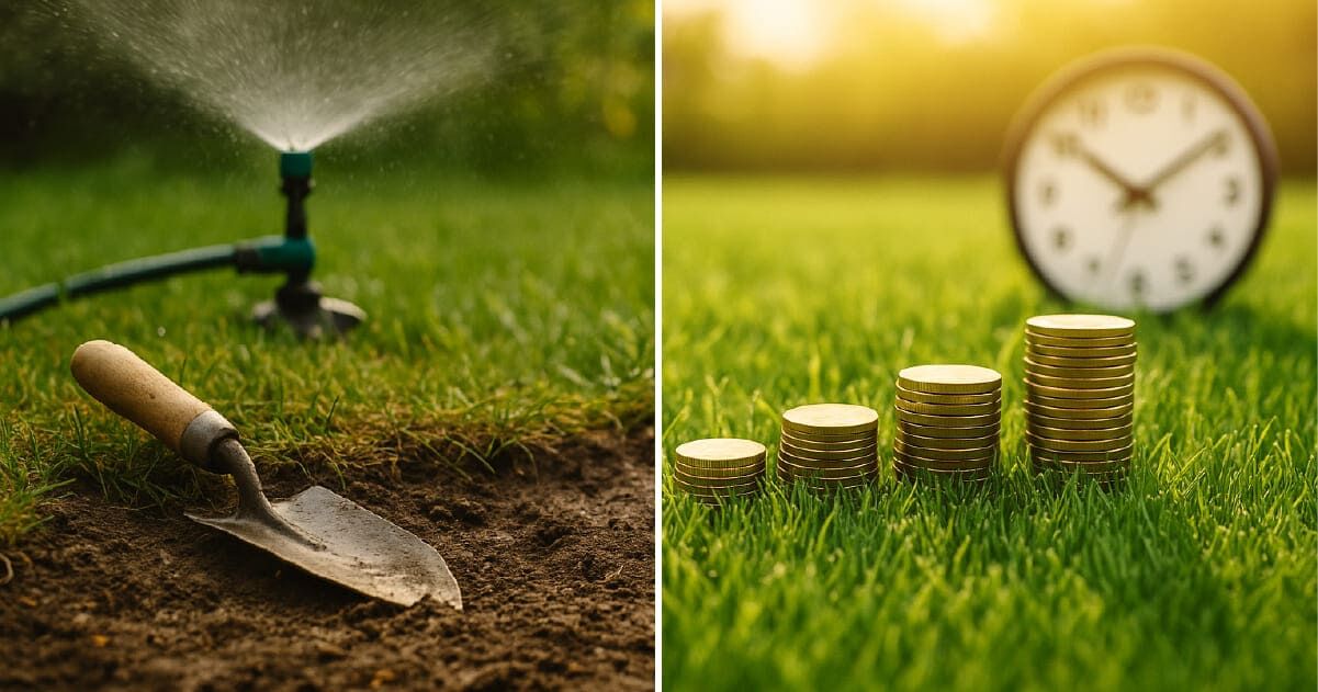 Links: Pflegearbeiten am Naturrasen. Rechts: Zeit- und Geldersparnis dank Kunstrasen.