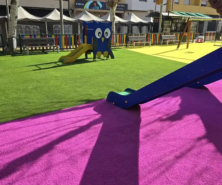 Three types of Turfplay artificial grass colours for children's play areas.