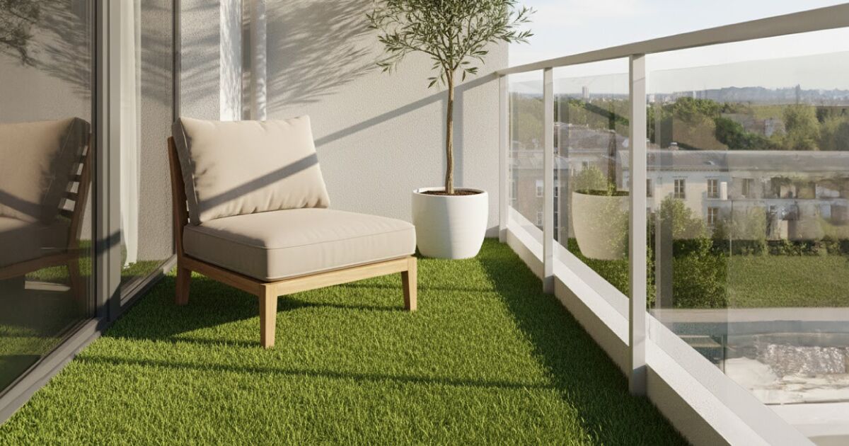 Zeigen Sie dieses Bild einer kleinen, mit Kunstrasen bedeckten Terrasse, wenn Sie nach Dekorationsideen gefragt werden, um diese Räume optimal zu nutzen.