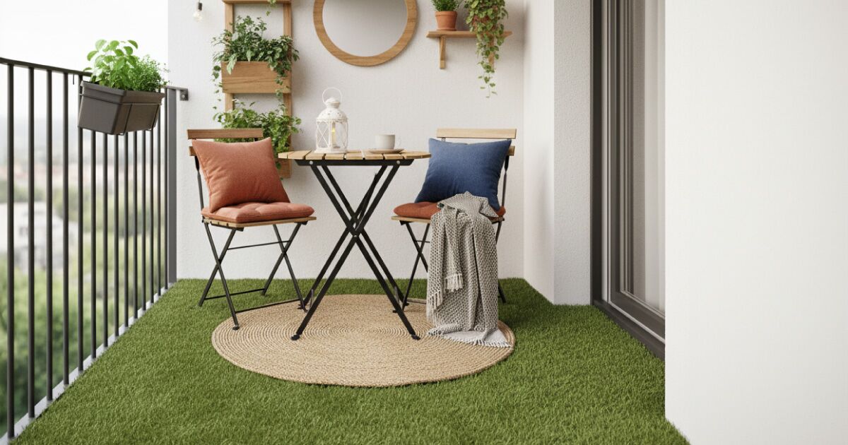 Kleiner Raum auf einem kompakten Balkon, auf dem Kunstrasen verlegt wurde.