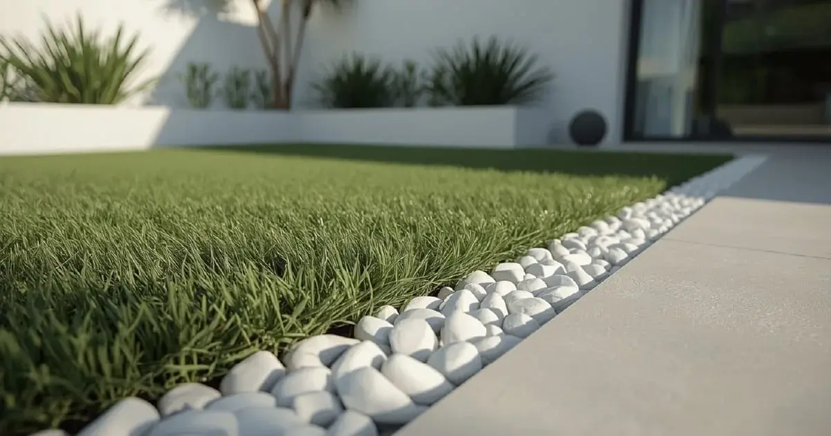 Lush green lawn with a border of white decorative pebbles next to a light grey paved path, leading to a modern building.