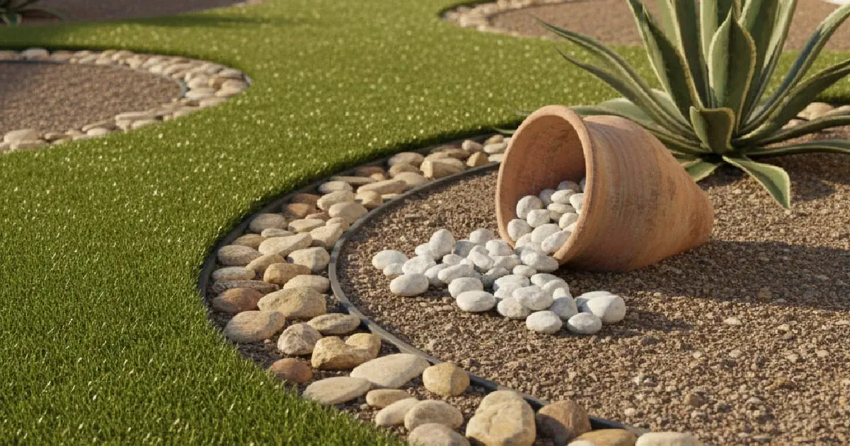 Curved garden path with river stones, artificial grass, and gravel. Tipped terracotta pot spills white pebbles near an agave plant.