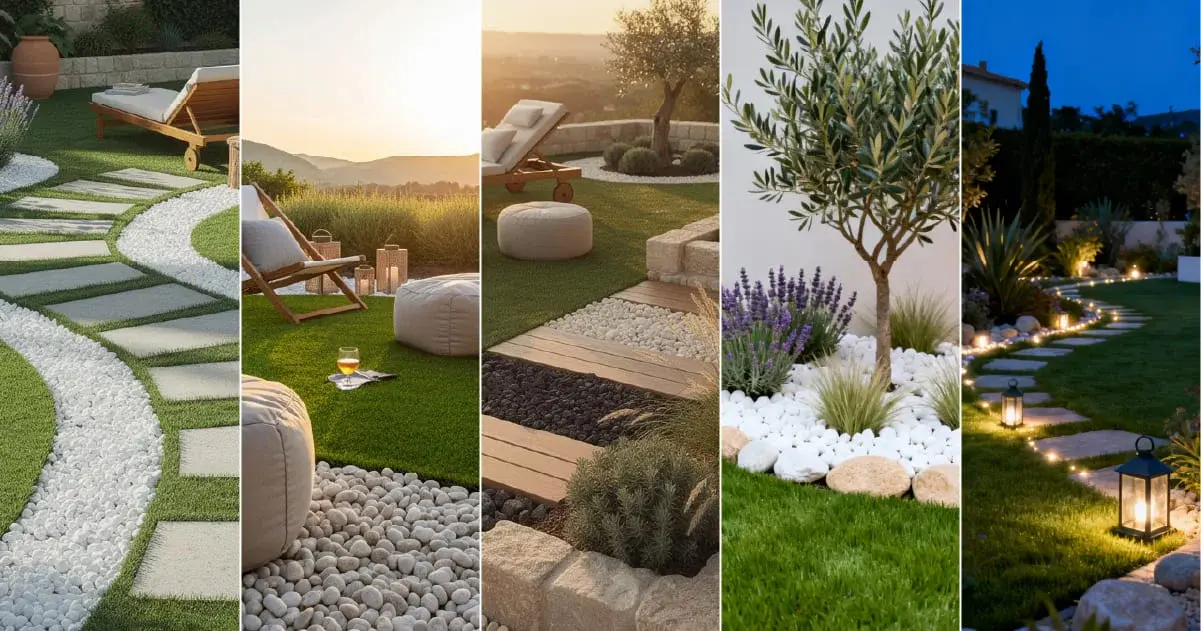 A collage of garden landscaping ideas featuring stone paths with white pebbles, a lounge area on grass, and a paved walkway with lighting.