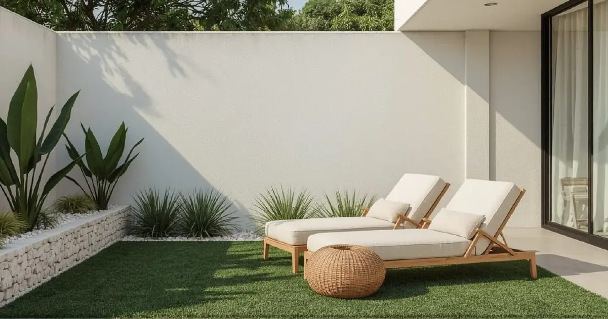 A modern patio with two wooden sun loungers on artificial grass, a white textured wall, and a raised garden bed with tropical plants.