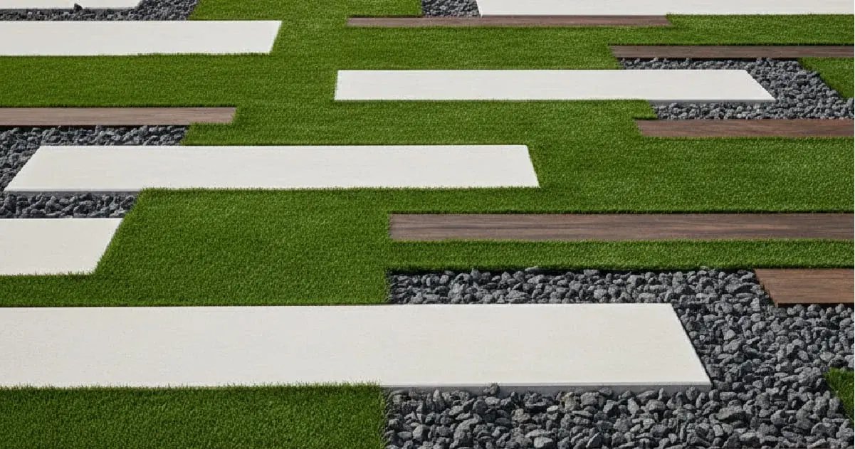 Geometric landscape design featuring alternating strips of vibrant green artificial grass, light grey pavers, dark wood, and grey gravel.