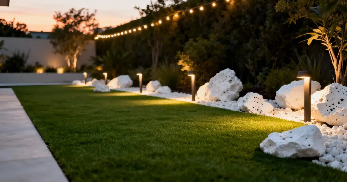 A modern garden at dusk featuring illuminated pathway lights, overhead string lights, a vibrant green lawn, white decorative stones, and various garden plants.