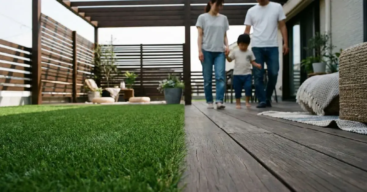 A family of three walks hand-in-hand on a dark wooden deck next to a vibrant green lawn in a modern backyard featuring a pergola and slatted wooden fencing.