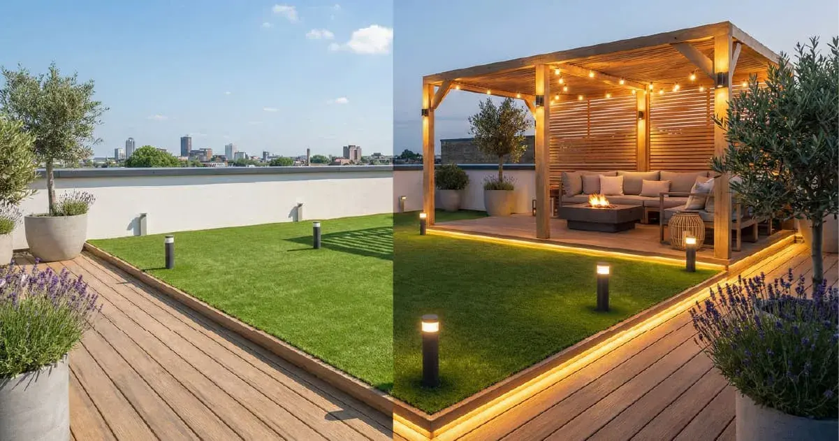 Split-screen comparison of a modern rooftop terrace during the day and night. The daytime view features a wooden deck and green lawn under a clear sky, while the nighttime view showcases a cozy lounge under a lit wooden pergola with a fire pit, string lights, and warm ambient LED strips.