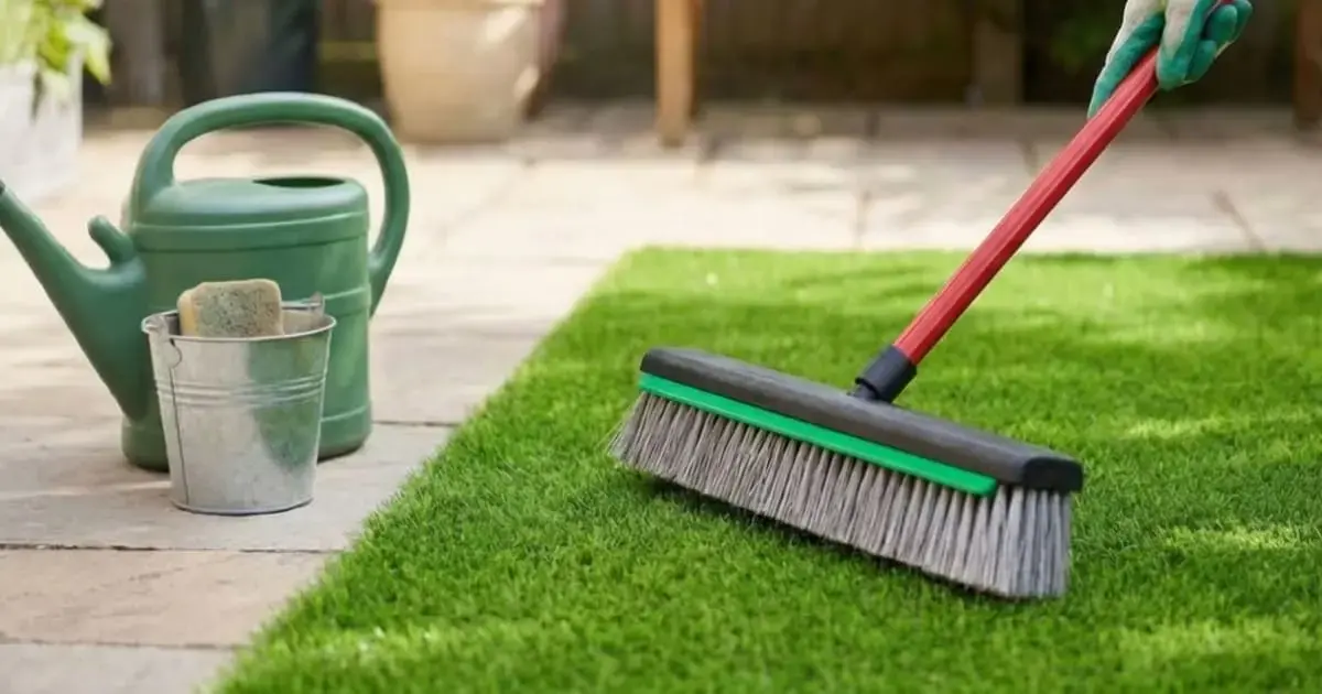 Person, die mit einem Besen Rückstände beim Reinigen des Kunstrasens entfernt.