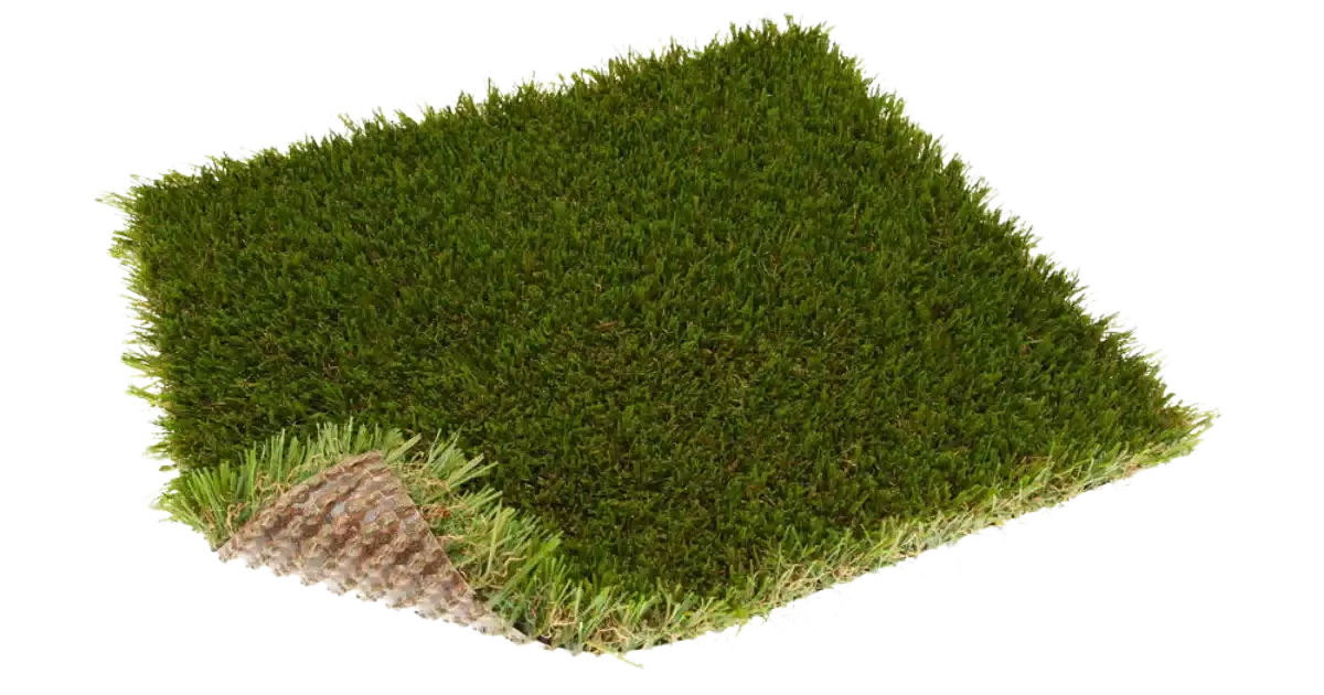 Muestra de césped artificial Turfgrass de alta calidad sobre fondo blanco, resaltando la densidad de sus fibras y el realismo de su doble capa de soporte.