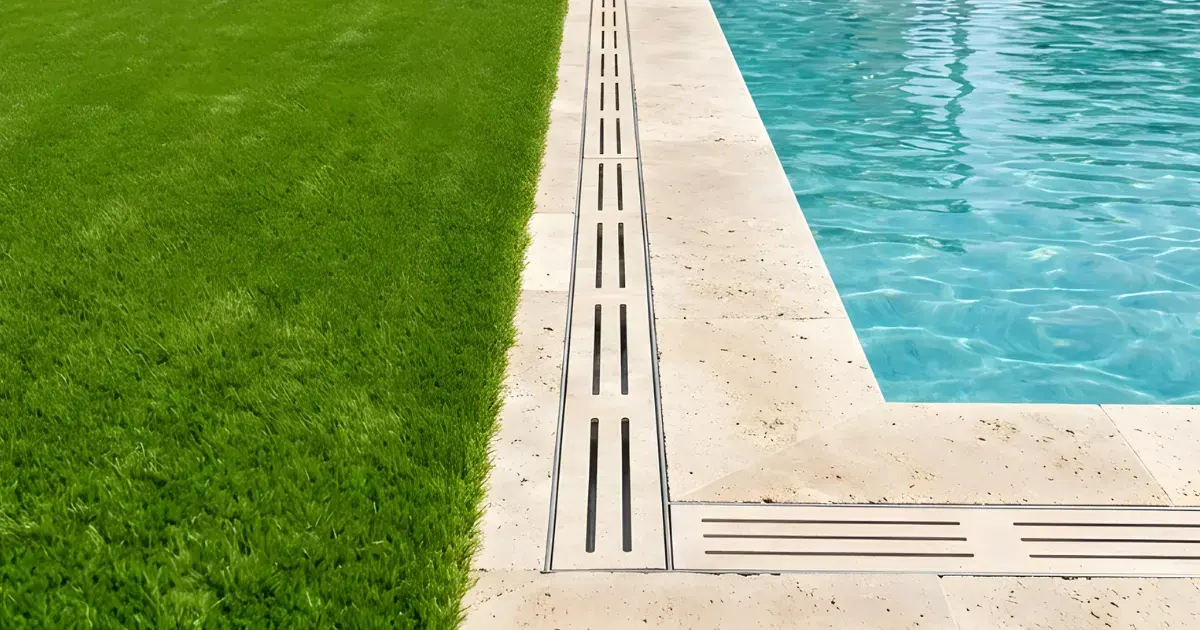Vista superior de la combinación perfecta entre una piscina moderna con canal de drenaje y una superficie de césped artificial Turfgrass resistente al agua y a los productos químicos.