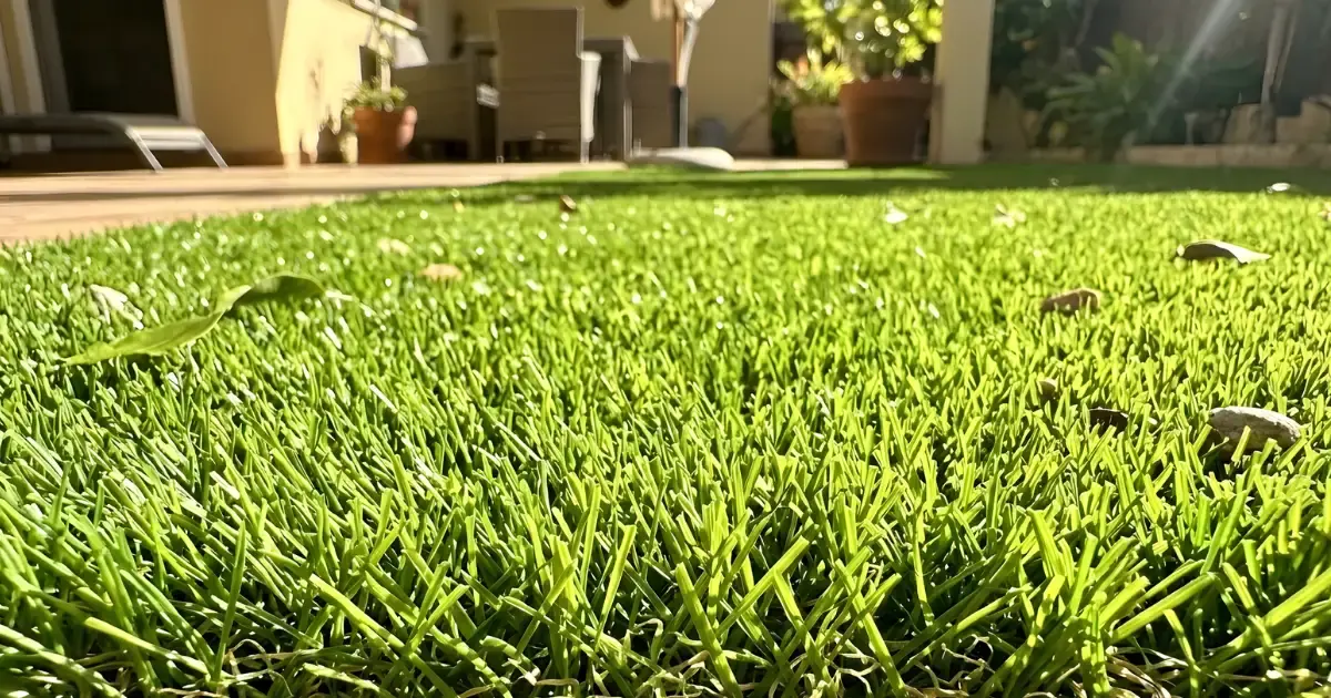Primer plano de fibras de césped artificial Turfgrass en un jardín, mostrando su textura realista y color verde vibrante bajo la luz del sol.