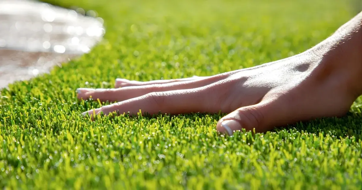 Detalle de una mano acariciando la superficie suave y resistente de un césped artificial Turfgrass para comprobar su confort térmico en verano.