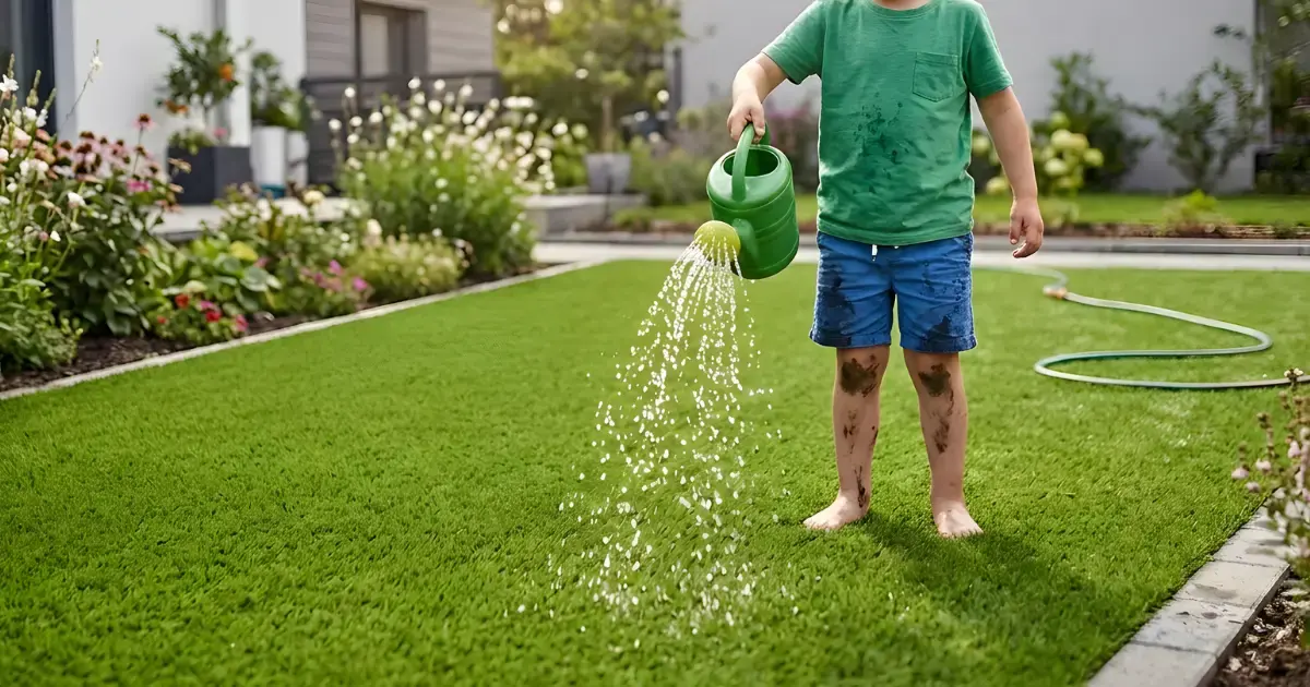 Un niño pequeño refrescando con una regadera una instalación de césped artificial Turfgrass en un patio trasero durante un día caluroso.