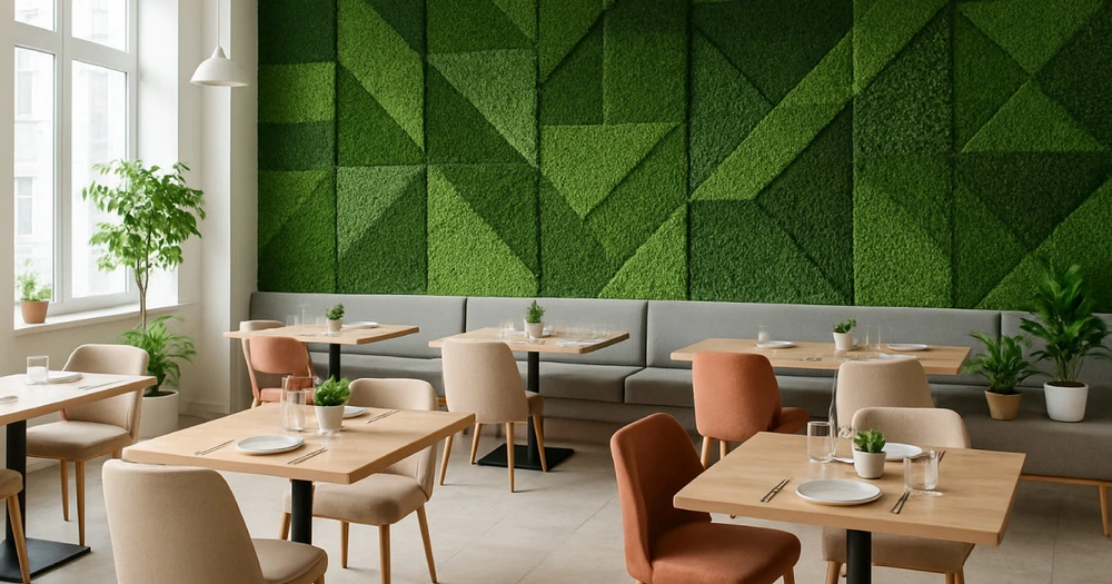 Imagen de una cafetería que representa cómo hacer un jardín vertical artificial de la mano de Turfgrass.