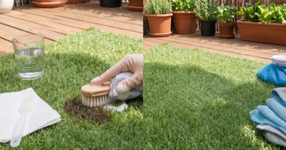 Detailed close-up showing a hand using a small brush to maintain lush artificial grass turf on a wooden decking patio, illustrating simple care.